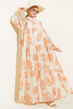Flower Detailed Half Button Dress Orange groothandel dress - Hicabistan Turkije fabriek