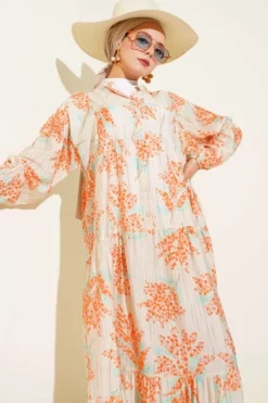Flower Detailed Half Button Dress Orange groothandel dress view 2 - Hicabistan Turkije fabriek