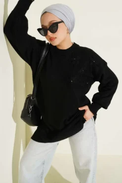 Floral Detail Soft Knit Tunic Black