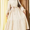 Floral Embossed Half Button Dress Beige