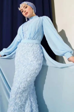 Floral Motif Tulle Cape Evening Dress Baby Blue Großhandel dress view 2 - Hicabistan Türkei Fabrik