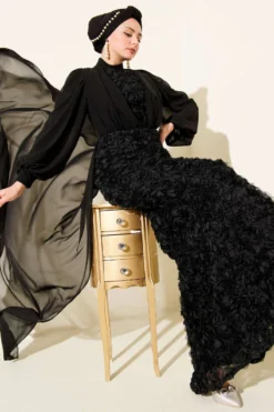 Floral Motif Tulle Cape Evening Dress Black Großhandel dress - Hicabistan Türkei Fabrik