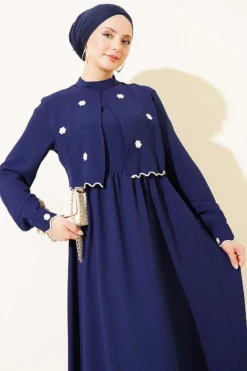 Floral Embroidered Cape Dress Navy Blue al por mayor dress view 2 - Hicabistan fábrica Turquía