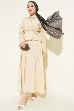 Floral Embellished Skirt Set Beige