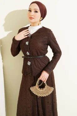 Alternative view of Floral Snap-Button Lace Skirt Two-Piece Set Brown