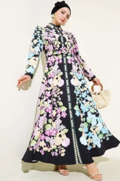 Floral Long Buttoned Belted Black