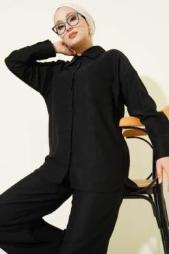 Slim Ribbed Pocket Shirt Set Black wholesale clothing set view 2 - Hicabistan Turkey factory