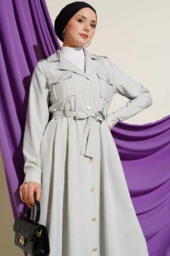Striped Button-Down Dress Stone Großhandel dress view 2 - Hicabistan Türkei Fabrik
