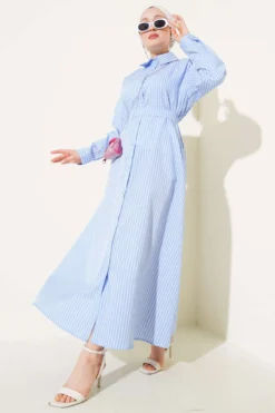 Striped Belted Button Dress Blue