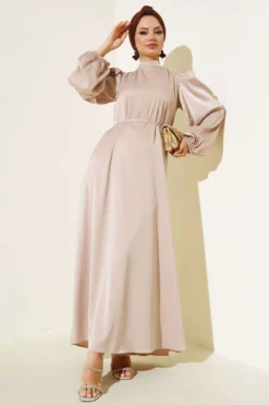 Thin Belted Satin Dress Beige