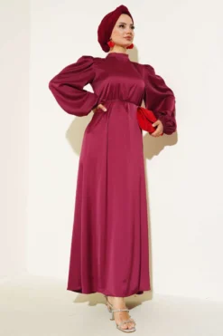 Thin Belted Satin Dress Burgundy