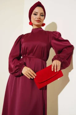 Alternative view of Thin Belted Satin Dress Burgundy