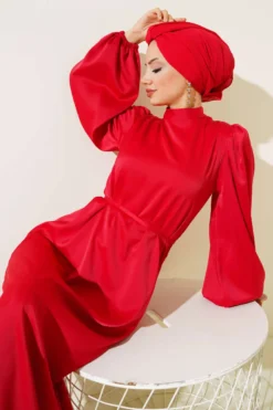 Thin Belted Satin Dress Red