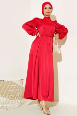 Alternative view of Thin Belted Satin Dress Red