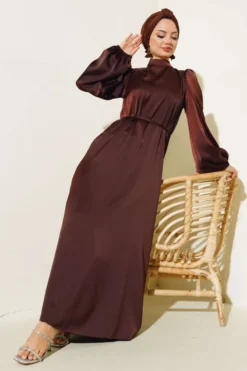 Thin Belted Satin Dress Brown