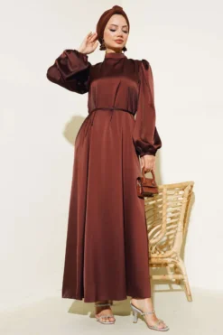 Alternative view of Thin Belted Satin Dress Brown