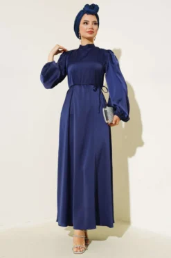 Thin Belted Satin Dress Navy Blue