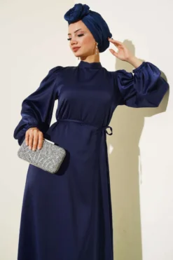 Alternative view of Thin Belted Satin Dress Navy Blue