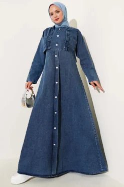 Denim Pinafore Set with Pearl Button Details Dark Blue بالجملة clothing set - Hicabistan مصنع تركيا