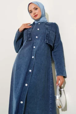 Denim Pinafore Set with Pearl Button Details Dark Blue بالجملة clothing set view 2 - Hicabistan مصنع تركيا