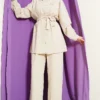 Pearl Button Detail Belted Two-Piece Set Beige