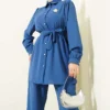 Pearl Button Detail Belted Two-Piece Set Indigo