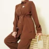 Pearl Button Detail Belted Two-Piece Set Brown