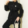 Pearl Button Detail Belted Two-Piece Set Black