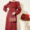 Pearl Detailed Draped Evening Dress Burgundy بالجملة dress view 2 - Hicabistan مصنع تركيا