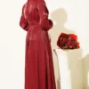 Pearl Detailed Draped Evening Dress Burgundy بالجملة dress view 3 - Hicabistan مصنع تركيا