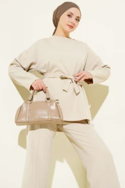 Alternative view of Pearl Detail Belted Two-Piece Set Beige