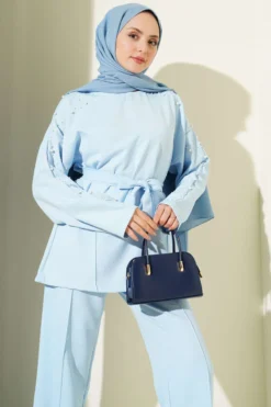 Alternative view of Pearl Detail Belted Two-Piece Set Blue
