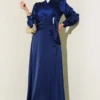 Pearl Embellished Draped Satin Evening Dress Navy Blue al por mayor dress view 2 - Hicabistan fábrica Turquía