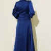 Pearl Embellished Draped Satin Evening Dress Navy Blue al por mayor dress view 3 - Hicabistan fábrica Turquía