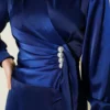 Pearl Embellished Draped Satin Evening Dress Navy Blue al por mayor dress view 4 - Hicabistan fábrica Turquía