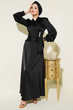 Pearl Embellished Draped Satin Evening Dress Black wholesale dress - Hicabistan Turkey factory