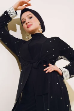 Alternative view of Pearl Tulle Abaya Set Black