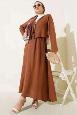 Tie String Kimono Skirt Set Brown