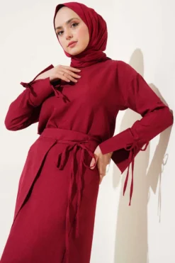 Basic Two-Piece Set with Ties and Skirt Burgundy بالجملة clothing set view 2 - Hicabistan مصنع تركيا