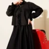 Cord Tied Elastic Cuff Two-Piece Set Black wholesale clothing set view 2 - Hicabistan Turkey factory