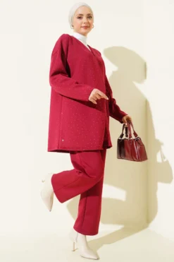 Laced Stone Scuba Two-Piece Set Burgundy wholesale clothing set - Hicabistan Turkey factory