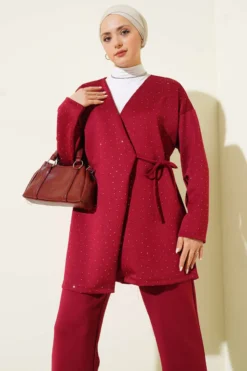 Laced Stone Scuba Two-Piece Set Burgundy wholesale clothing set view 2 - Hicabistan Turkey factory