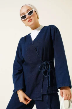 V-Neck Tie-Up Denim Two-Piece Set Navy Blue all'ingrosso clothing set view 2 - Hicabistan fabbrica Turchia