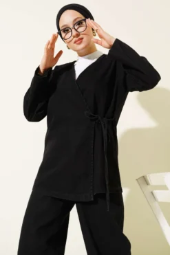 V-Neck Tie-Up Denim Two-Piece Set Black all'ingrosso clothing set view 2 - Hicabistan fabbrica Turchia