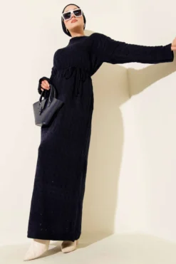 Belted Lace Knit Dress Navy Blue en gros dress - Hicabistan usine Turquie