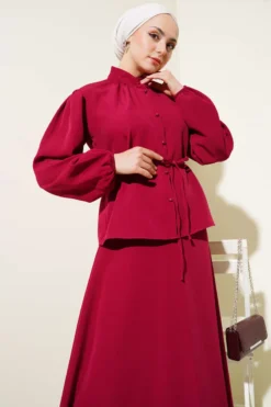 Alternative view of Button-Up Skirt Set with Tie Belt Burgundy