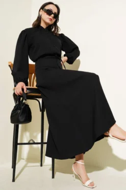 Button-Up Skirt Set with Tie Belt Black