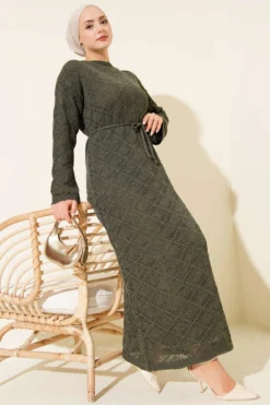 Belted Square Knit Dress Khaki بالجملة dress - Hicabistan مصنع تركيا