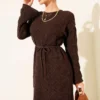 Belted Square Knit Dress Brown al por mayor dress view 2 - Hicabistan fábrica Turquía