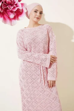 Belted Square Knit Dress Pink Großhandel dress view 2 - Hicabistan Türkei Fabrik